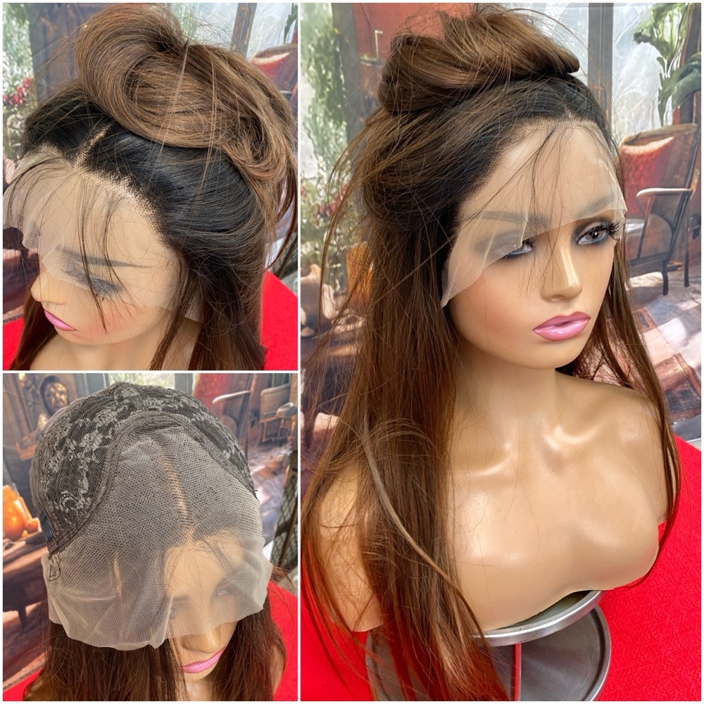 Lace front wig with baby hair brunette auburn black